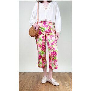 Vintage Floral Print Capris Cropped Trouser Wide Straight Leg Flare Summer Pants